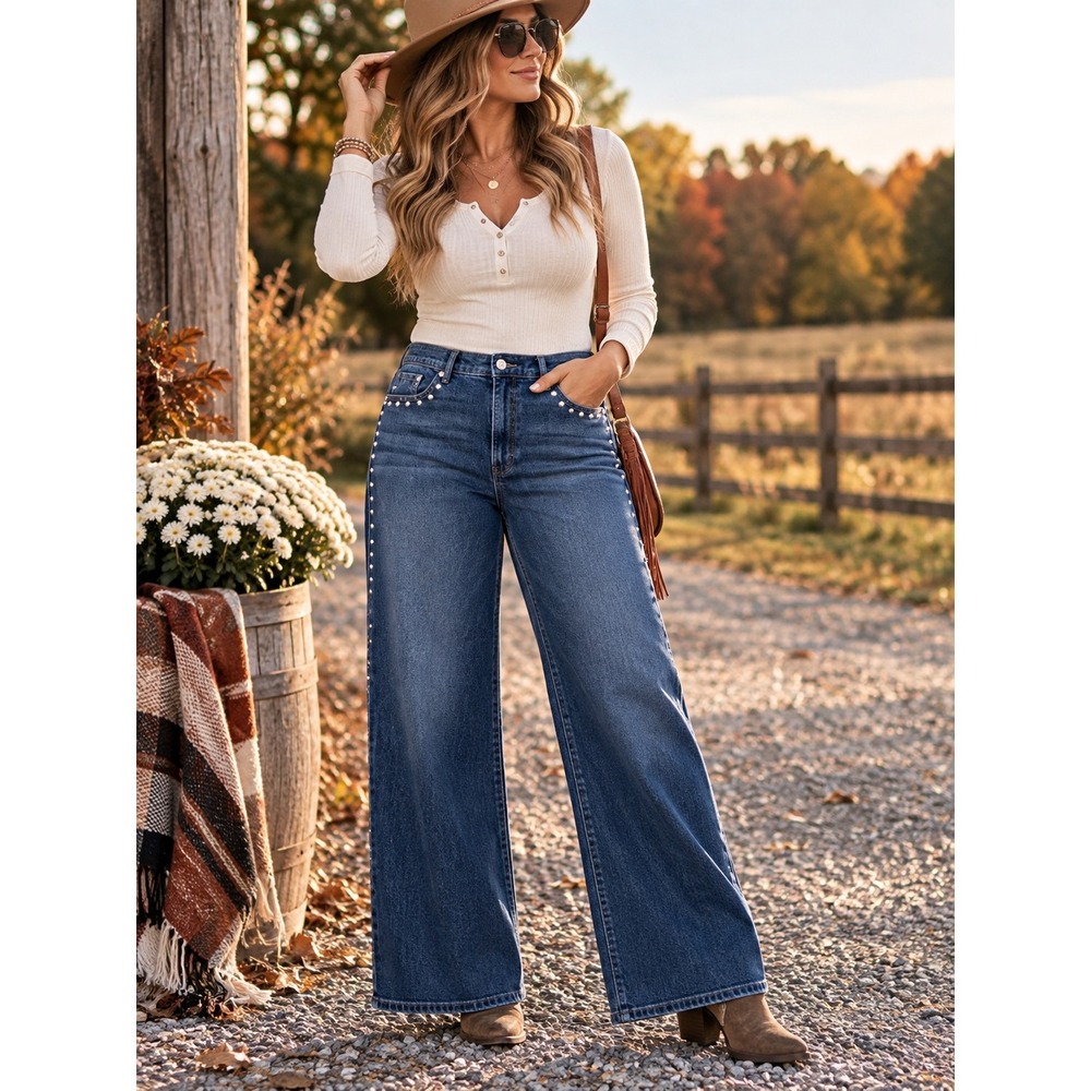 NWT Nine West Studded Wide Leg Jeans Size 14 Western Y2K Dark Wash Denim